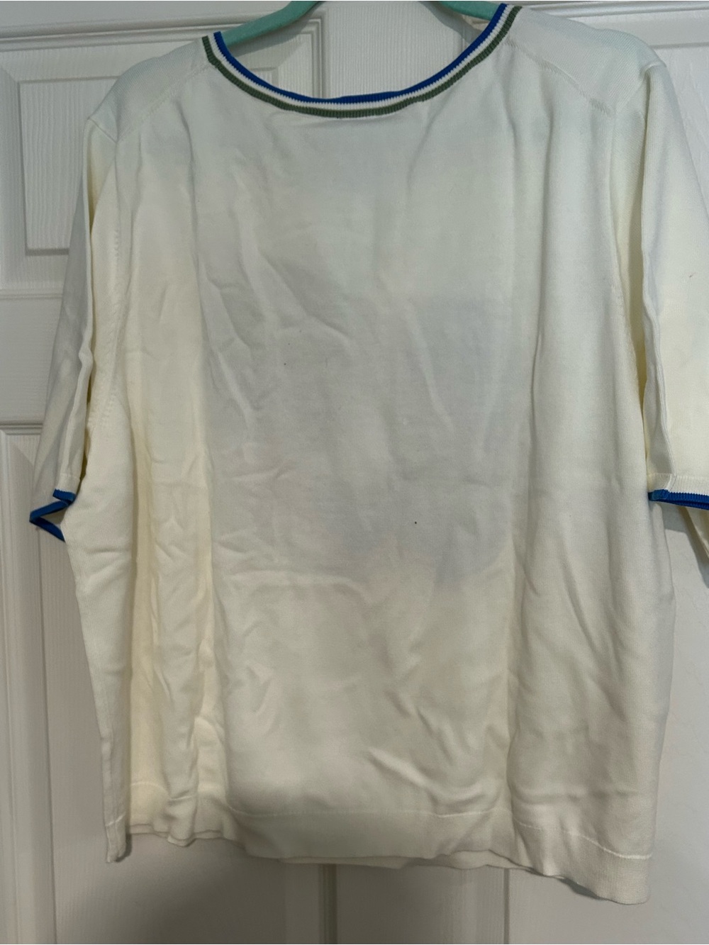 Talbots Cream Short Sleeve Knit Sweater with Blue and Green Trim - Picture 3 of 3
